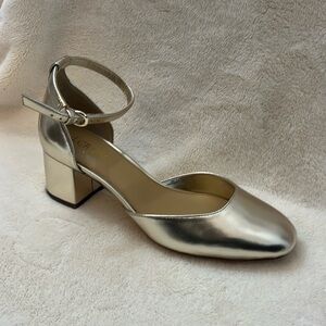 New J. Crew strappy gold heels